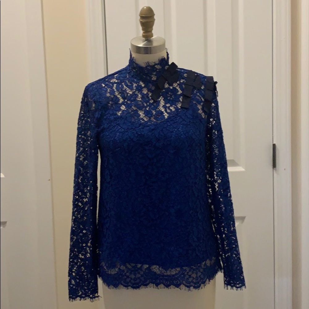 J Crew Mockneck Baroque Cobalt Lace Top NWT 00